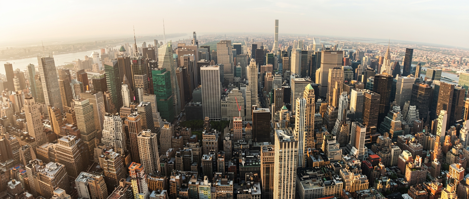 Aerial view of the Manhattan skyline at golden hour, sunlight washing across the city — a symbol of ambition and possibility