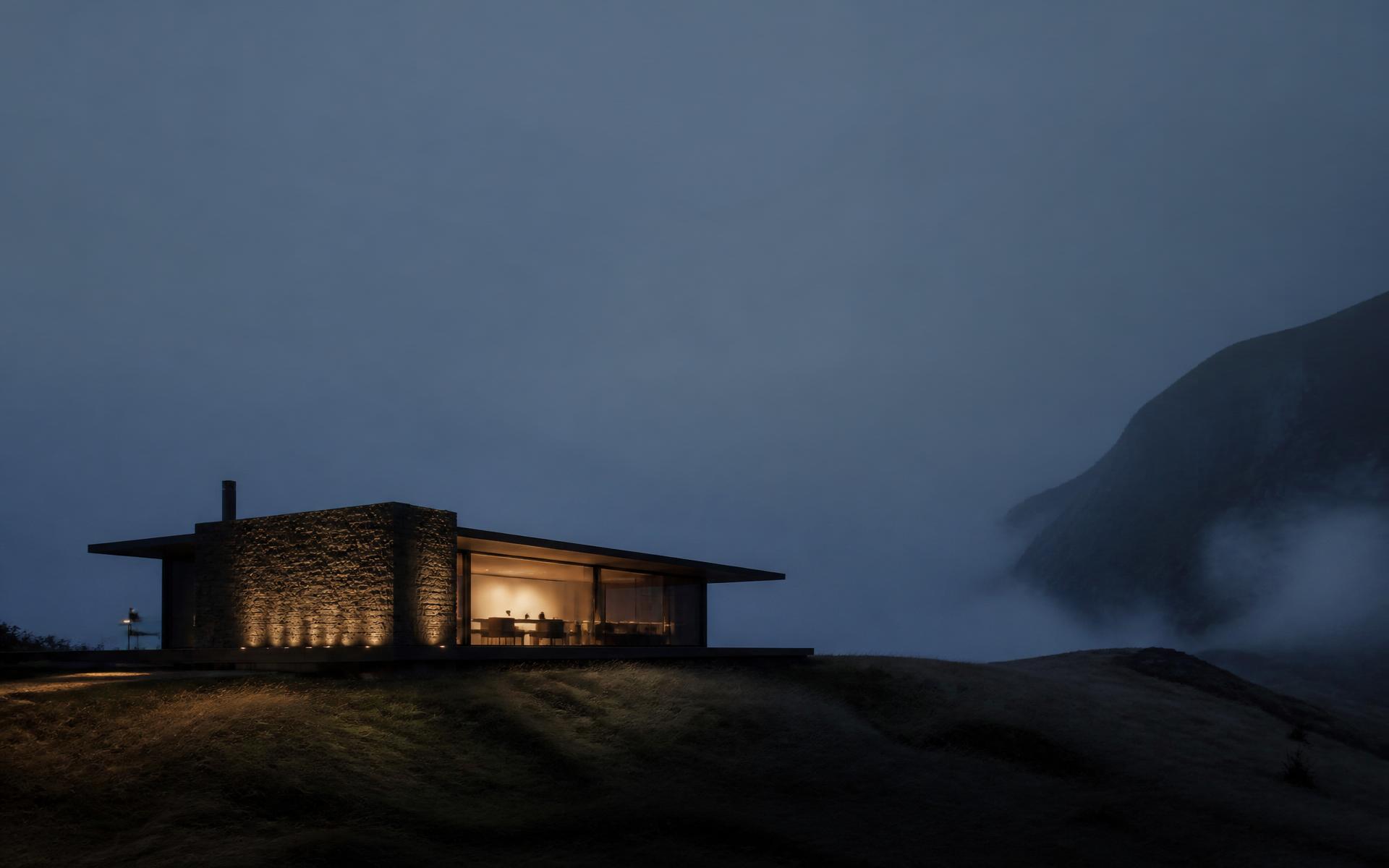 A solitary pavilion at dusk